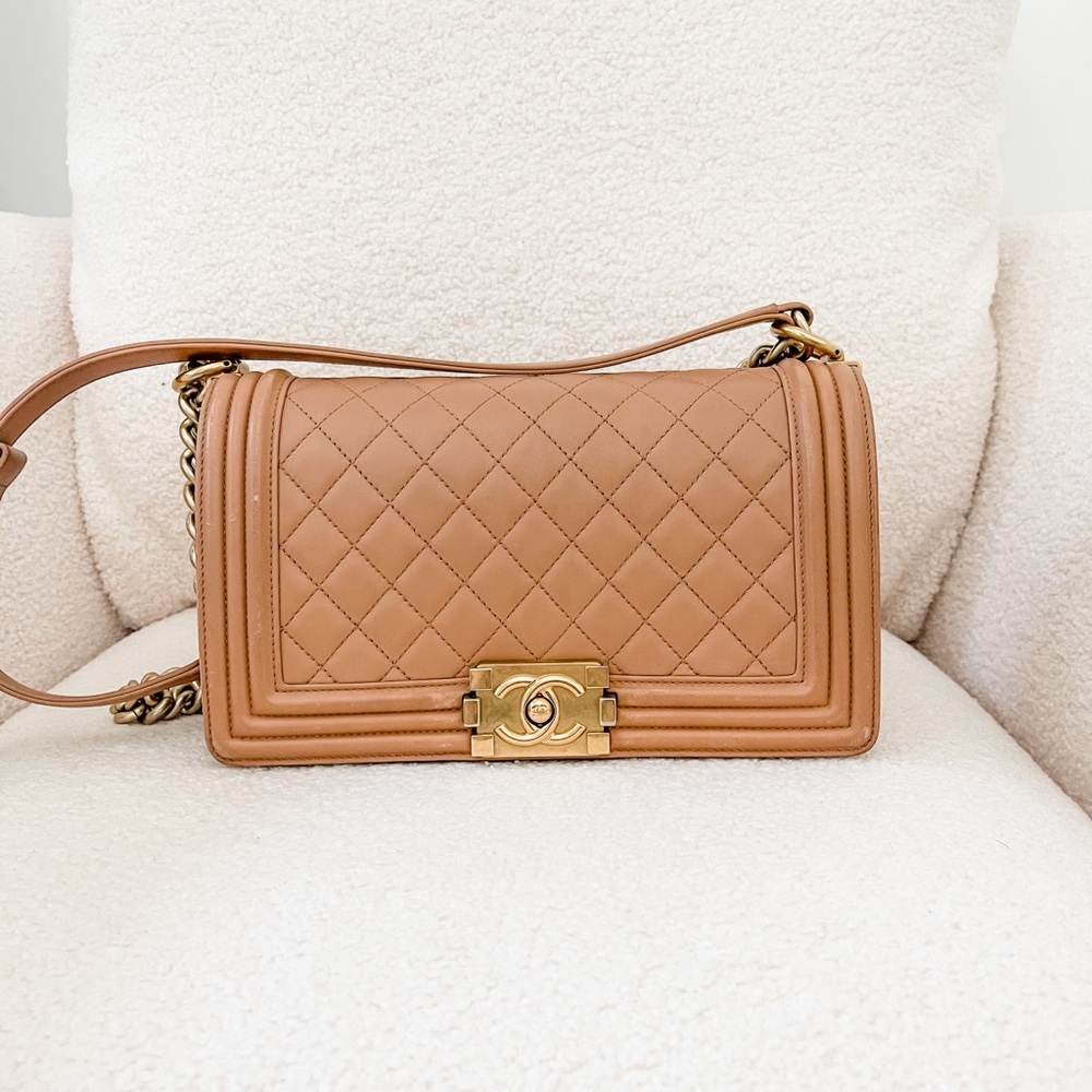 CHANEL MEDIUM BOY BAG BEIGE PINK GOLD HARDWARE